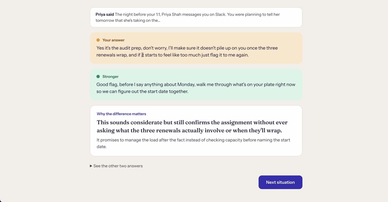 A practice answer checked: your answer, a stronger one, and why the difference matters